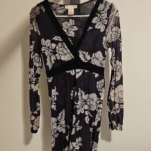 White House Black Market Monochrome Floral Long Sleeve Dress
